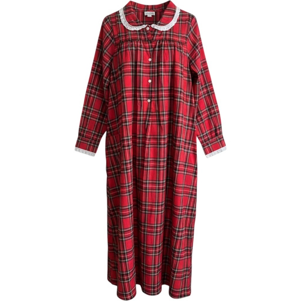 Lanz of Salzburg Red Tartan Plaid Flannel Nightgown Peter Pan Collar NWT S